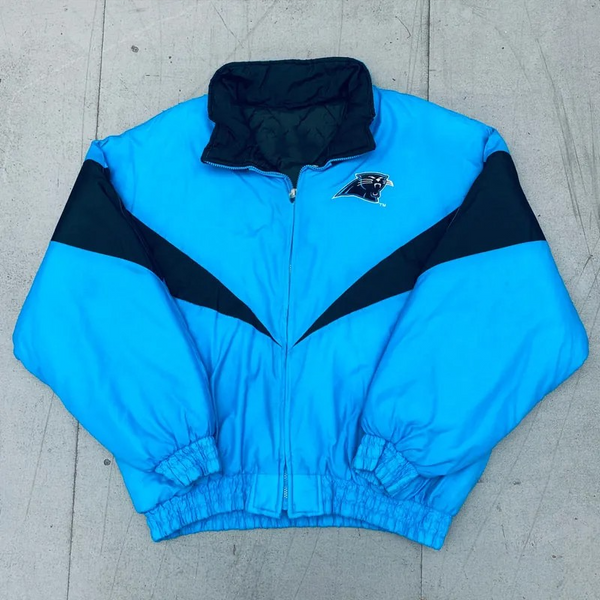 Carolina Panthers 1990s full-zip blue satin jacket front view

