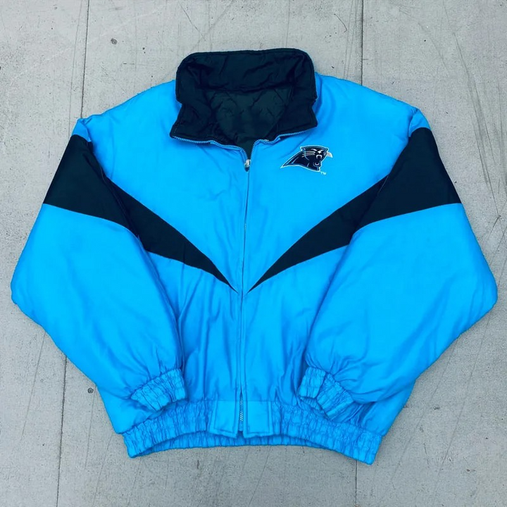 Carolina Panthers 1990s full-zip blue satin jacket front view

