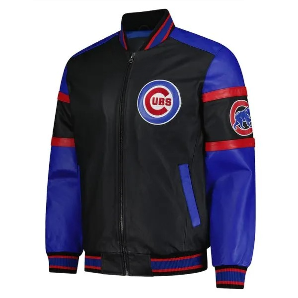 Chicago Cubs black and blue varsity leather jacket front view

