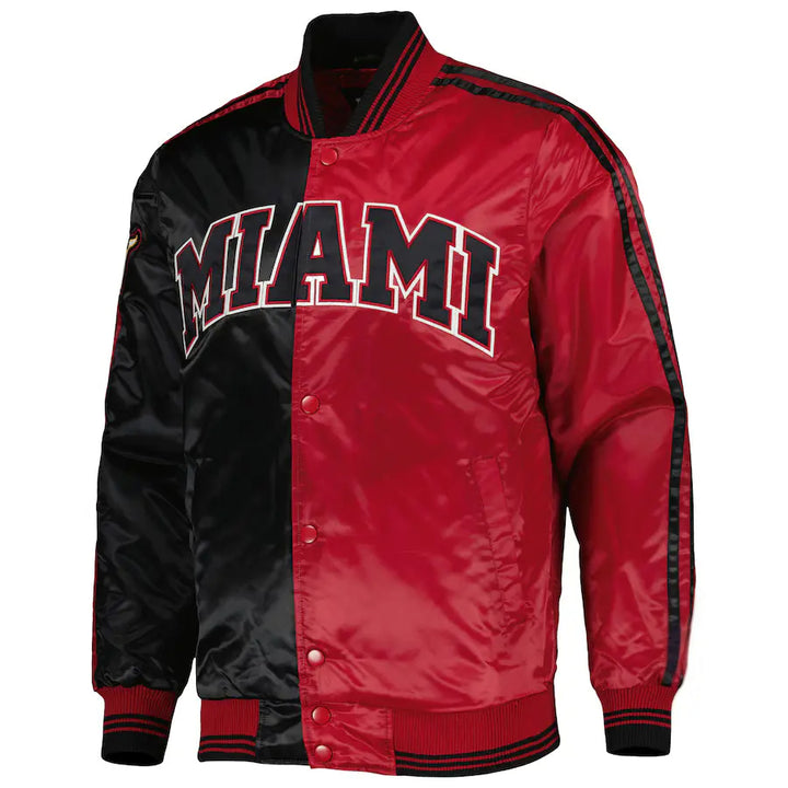 Front View NBA Miami Heat Black/Red Fast Break Satin Full-Snap Jacket