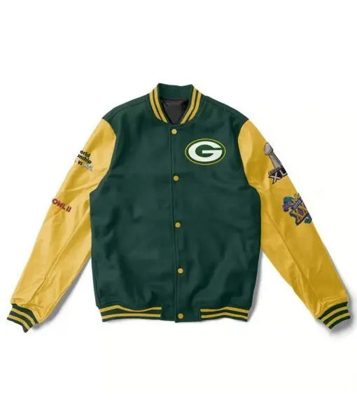 Green Bay Packers 4X Super Bowl Champions varsity jacket front view in USA