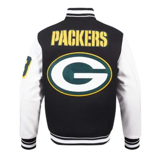 Unisex Packers varsity jacket with wool body and leather sleeves in USA