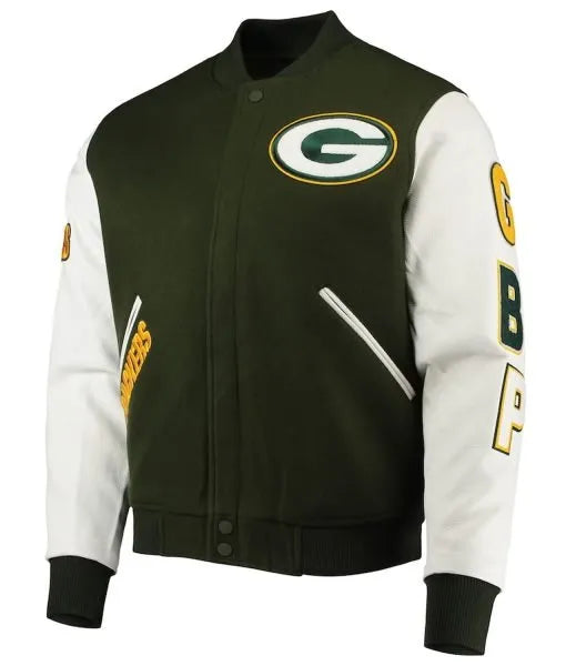 Packers letterman jacket with wool body and leather sleeves in American Style