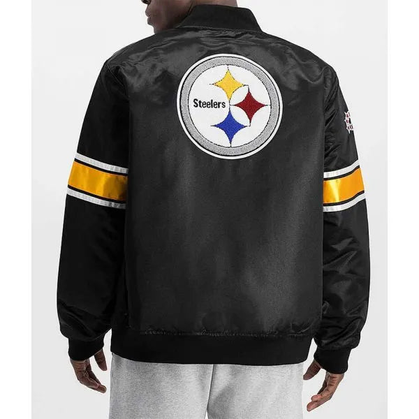 Satin varsity jacket with gold and white sleeve stripes

