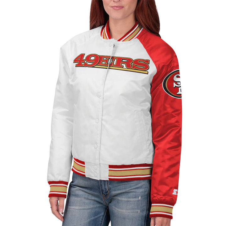 San Francisco 49ers Hometown WhiteRed Satin Jacket front view in USA