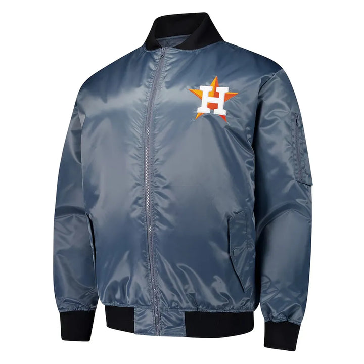 Gray bomber jacket with a logo on the chest against a white background