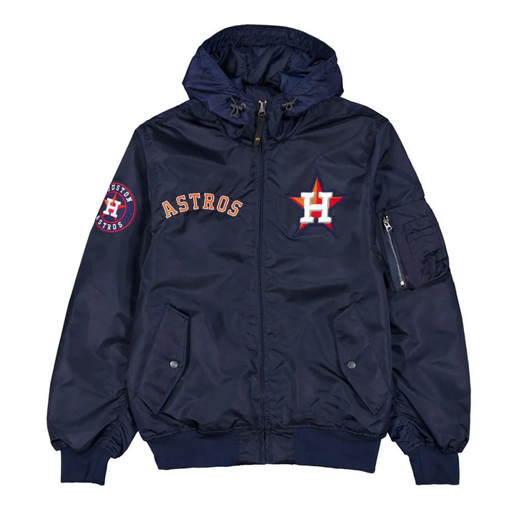 Navy blue jacket with Houston Astros logos on a white background