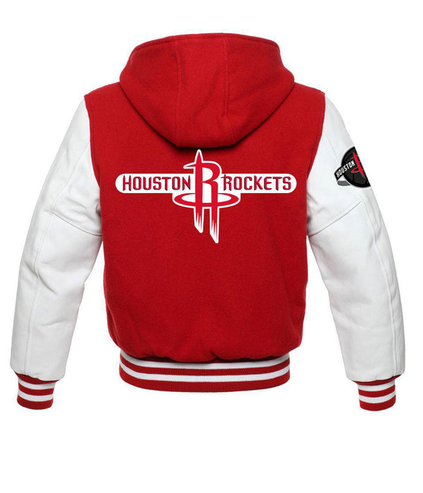 Houston Rockets NBA varsity red and white jacket front view in USA