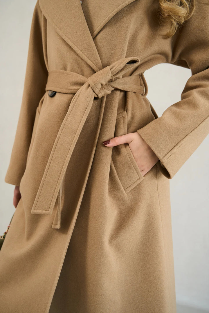 Classic camel cashmere coat for cold weather in USA