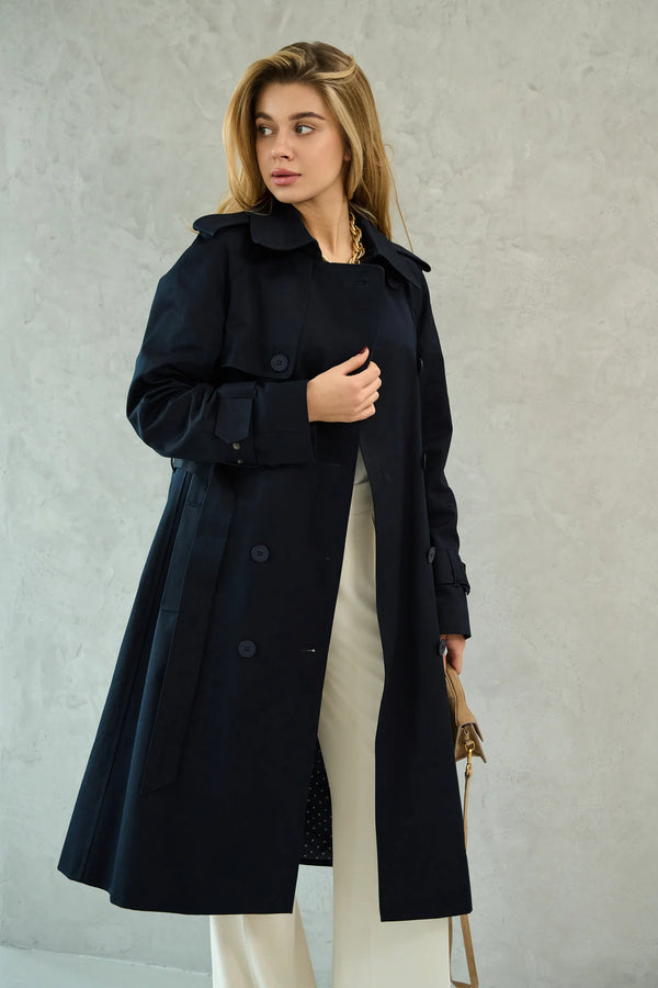 Stylish navy blue cotton trench coat for a classic look in USA