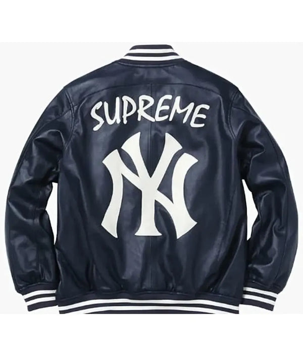 Back View Supreme NY Yankees Navy Leather Varsity Jacket