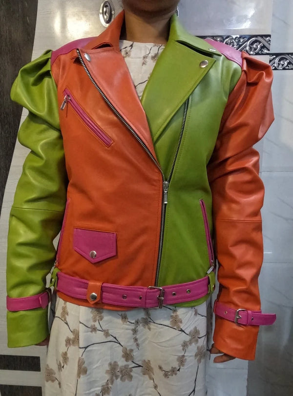Shop Womens Lambskin Orange, Pink & Green Leather Biker Jacket
