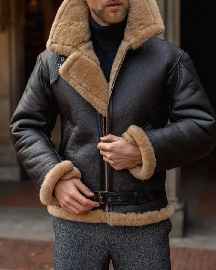 Stylish shearling leather jacket in B3 aviator design for men in France style