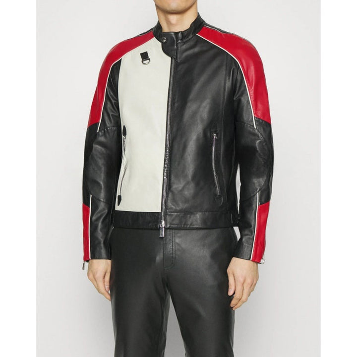 Stylish Men's Casual Biker Leather Jacket in Tri-Color Style in France Style