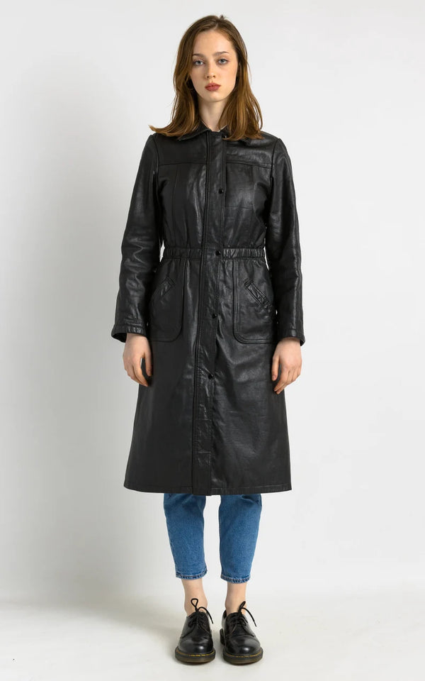 80s vintage black leather trench coat with zip and buttons in USA
