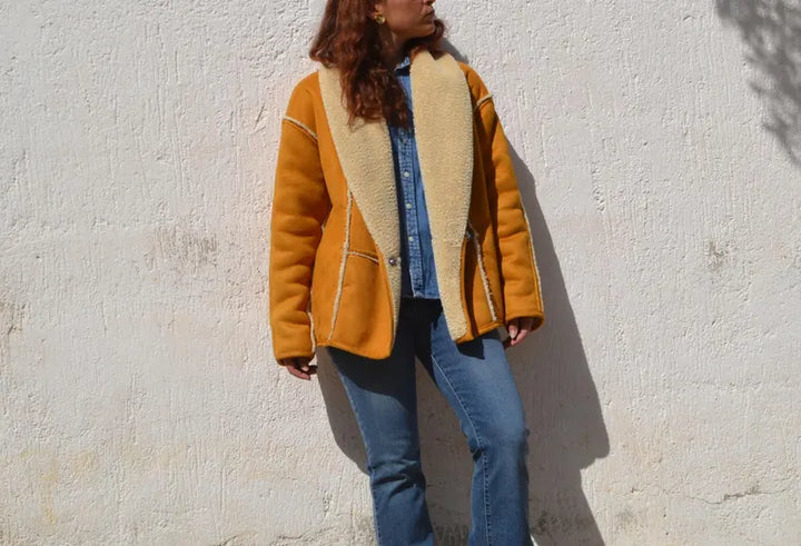 Double-faced faux suede coat in camel and cream in USA
