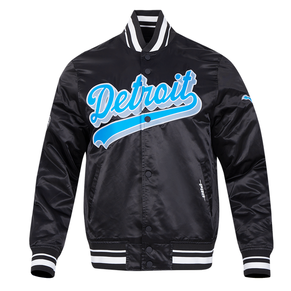 NFL Detroit Lions Script Tail Satin Jacket in Black with Blue Embroidery