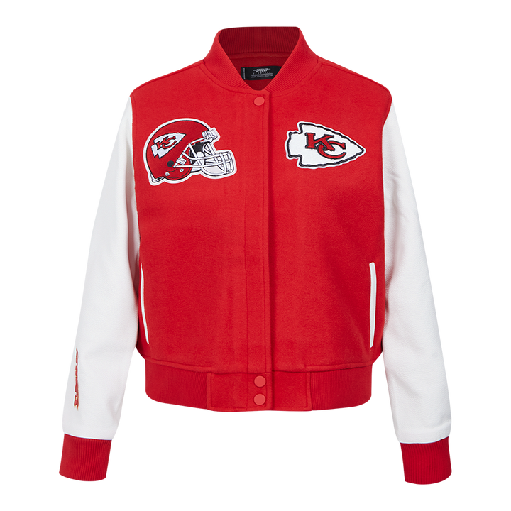 Front view of a Chiefs varsity jacket with embroidered logos on red and white fabric