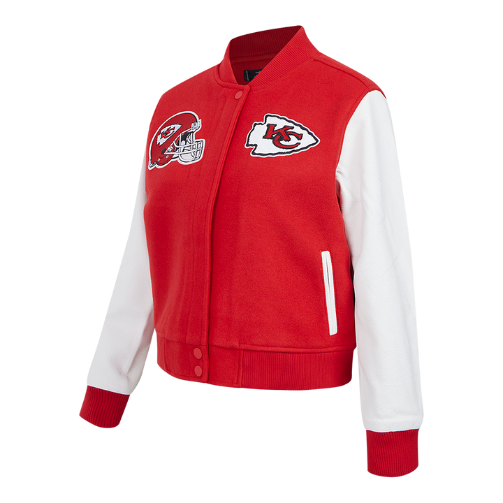 Side view of the Chiefs varsity jacket showing the arm logo and detailed embroidery