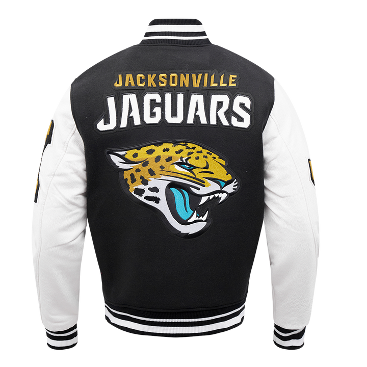 Back view of the Jacksonville Jaguars varsity jacket with a large team logo.
