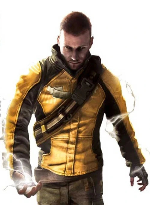 Infamous Cole MacGrath leather jacket front view

