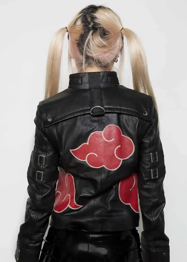 Stylish women's black cloak jacket with red accents in USA