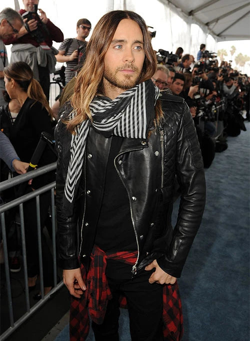 Jared Leto black leather jacket front view in USA