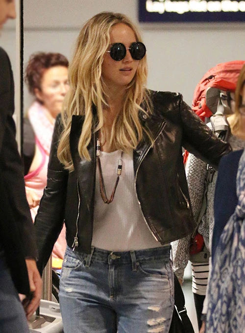 Jennifer Lawrence leather jacket front view in USA