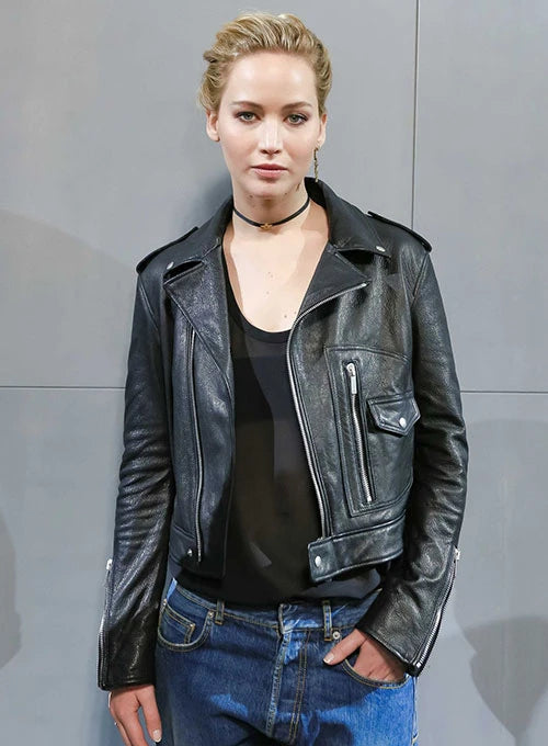 Jennifer Lawrence black leather jacket front view in USA