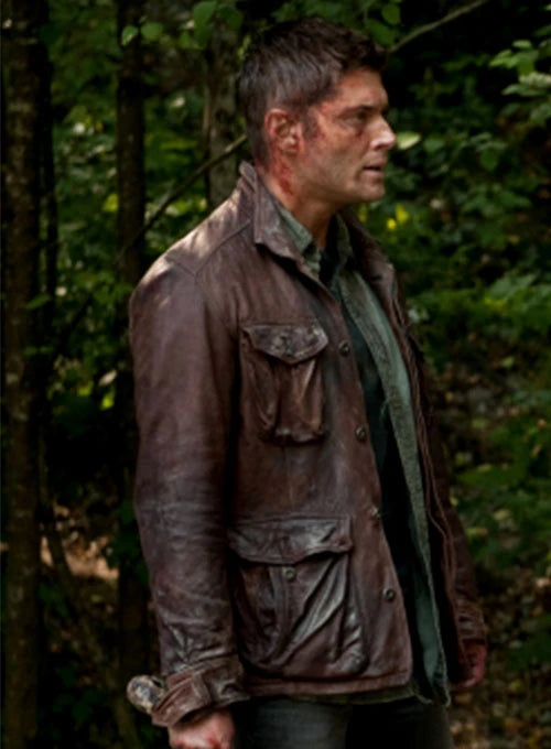 Jensen Ross Ackles brown leather coat

