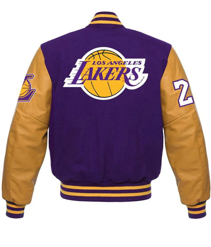 Back View NBA Los Angeles Lakers KB 24 Angel Letterman Purple and Yellow Jacket