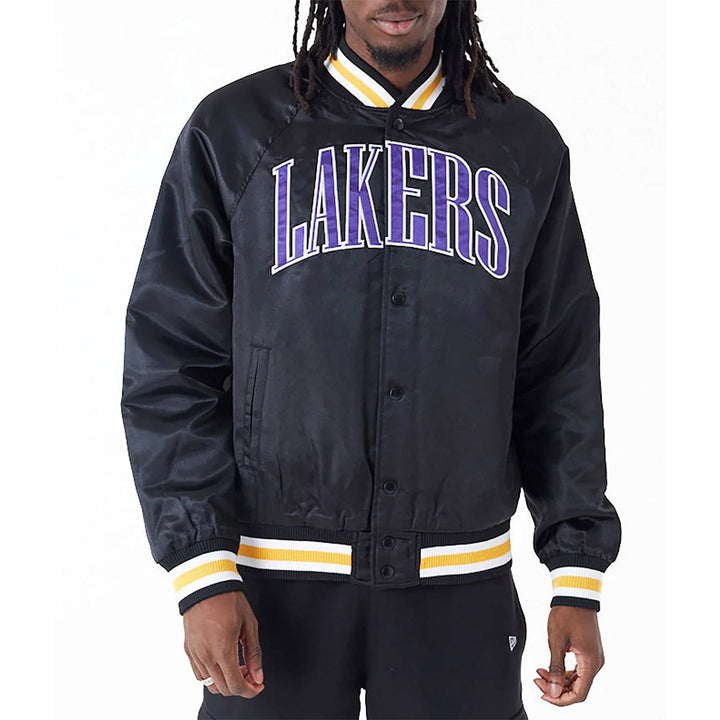 LA Lakers Applique Black Bomber Satin Jacket Front View