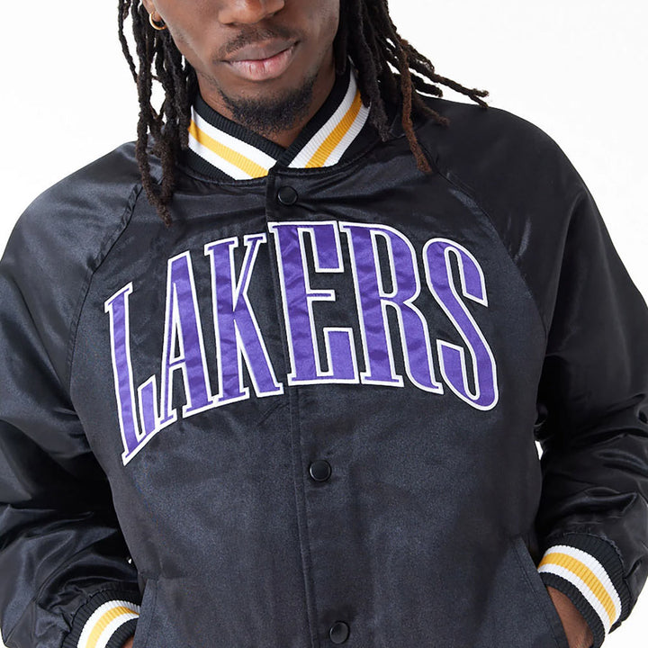 LA Lakers Applique Black Bomber Satin Jacket Front View