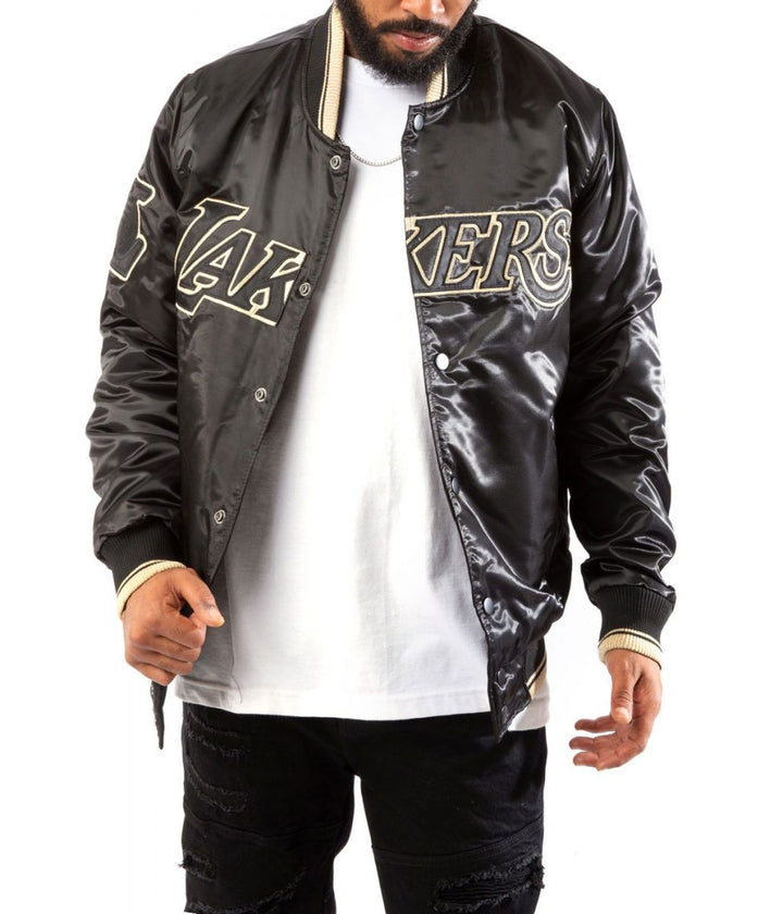 LA Lakers Black/Gold Satin Bomber Jacket Front Open Style