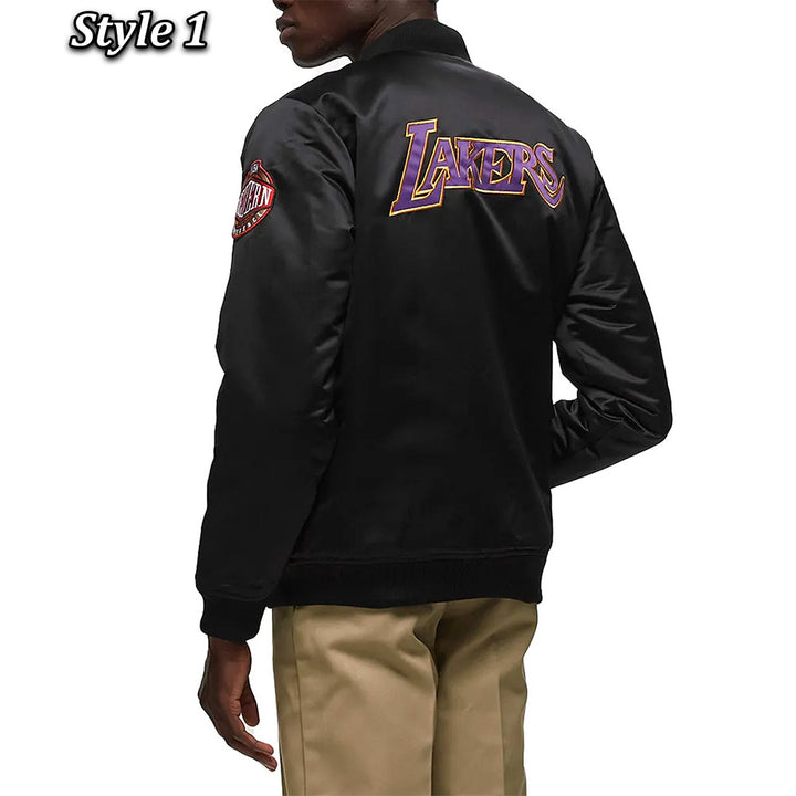 LA Lakers Bomber Black Lightweight Satin Jacket Back view Style one