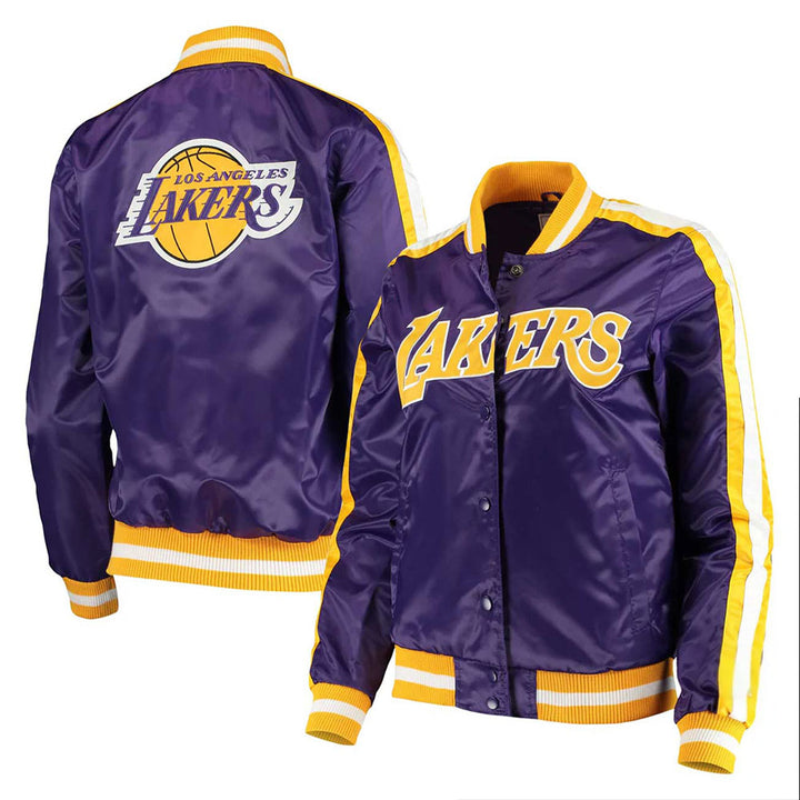 LA Lakers Competition Striped Satin Jacket Front & Back View 