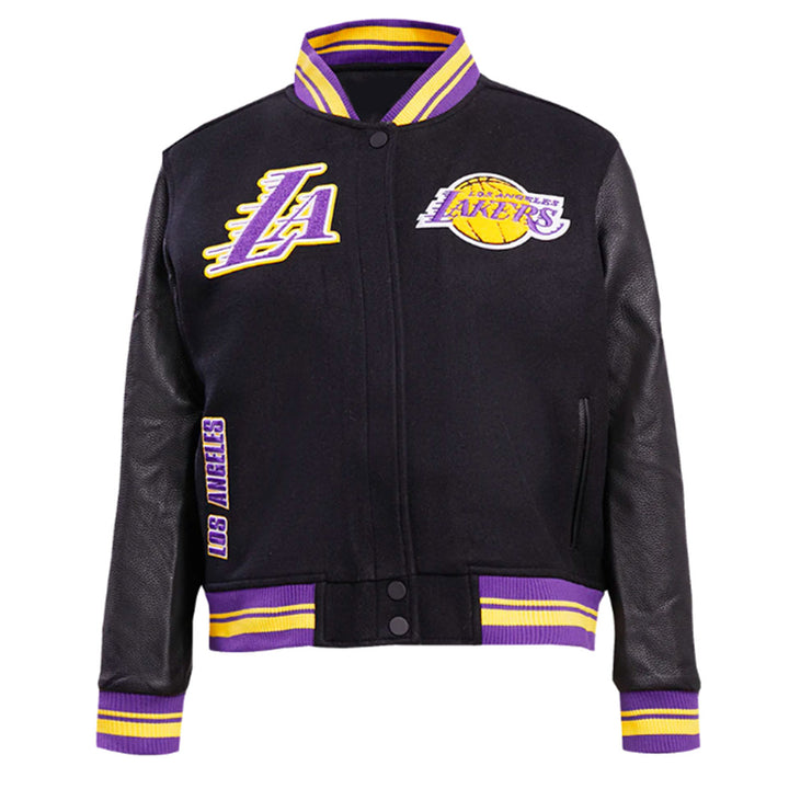 LA Lakers Cream Retro Classic Varsity Jacket Black Front View 