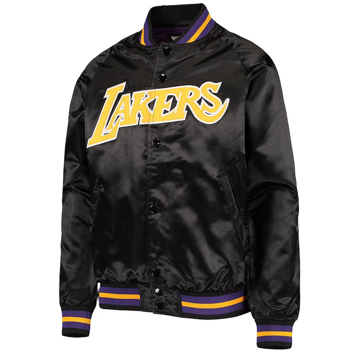 LA Lakers Hardwood Classics Full-Snap Black Satin Jacket Front View 