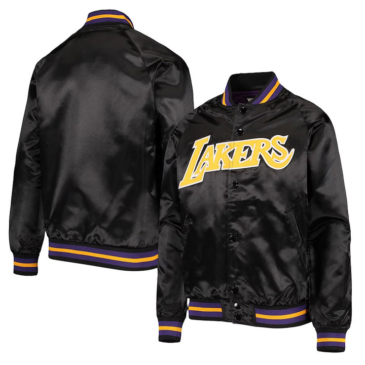 LA Lakers Hardwood Classics Full-Snap Black Satin Jacket Front & Back View 