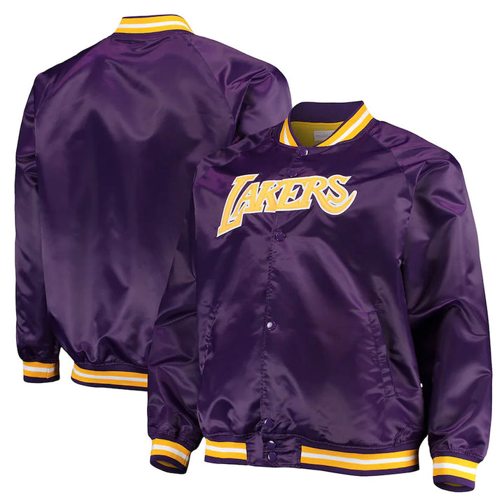 LA Lakers Hardwood Classics Purple Satin Jacket Front & Back View 