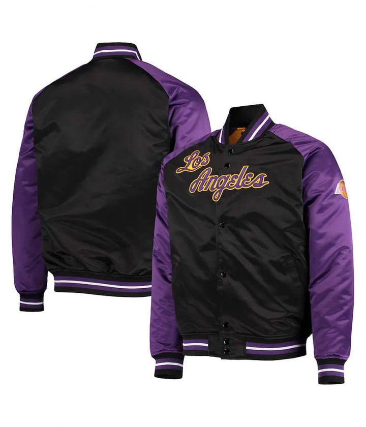 LA Lakers Hardwood Classics Reload 3.0 Purple/Black Satin Jacket Back & Front View 