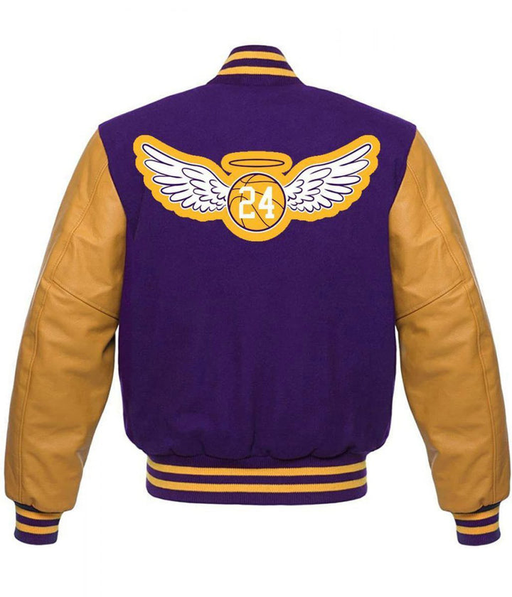 LA Lakers KB 24 Angel Purple and Yellow Varsity Jacket Back View 
