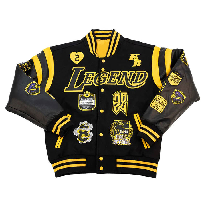 LA Lakers Kobe Bryant Collage Legends Black Varsity Jacket Front View 