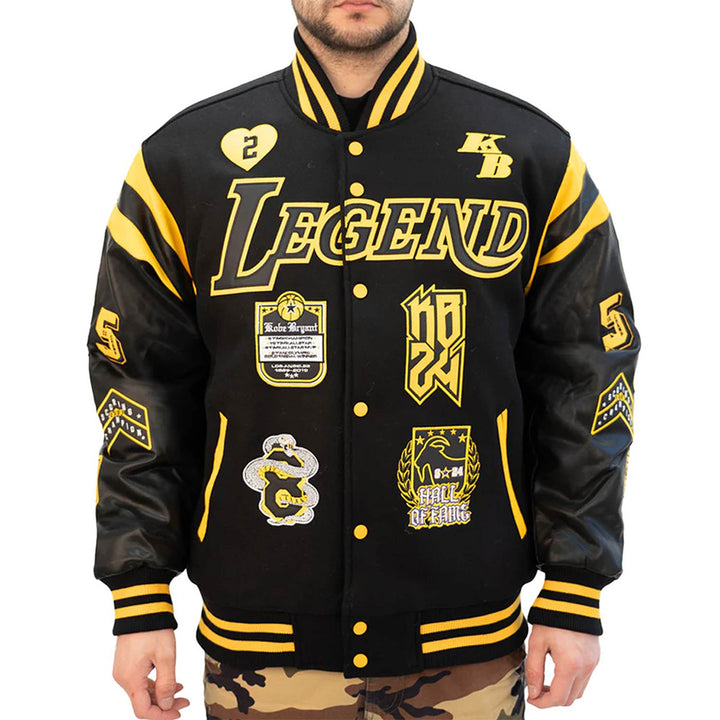 LA Lakers Kobe Bryant Collage Legends Black Varsity Jacket Front View 
