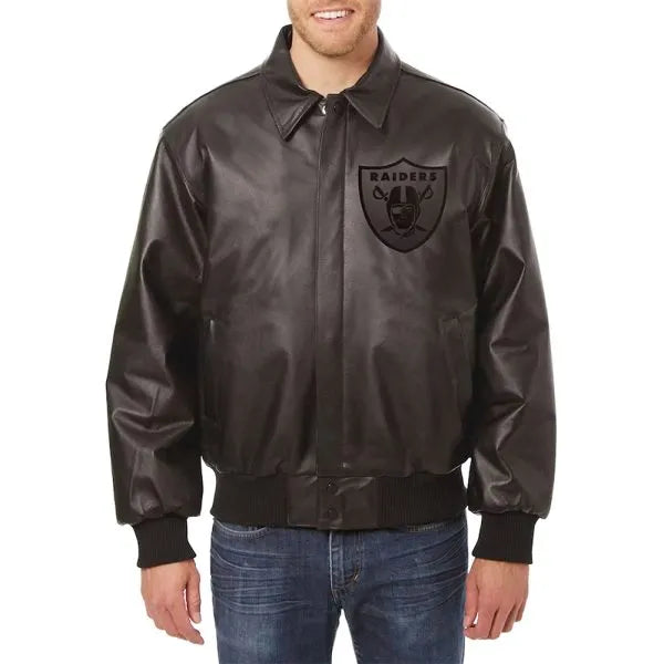 Black tonal leather Raiders jacket for men in USA