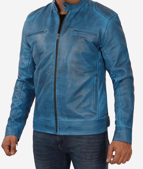 Men's sleek blue lambskin leather moto jacket in United state market