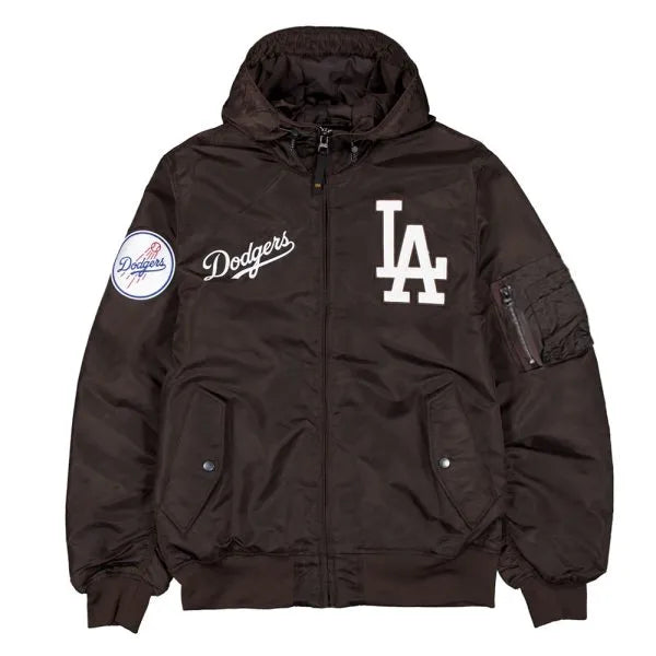 LA Dodgers L-2B hooded bomber jacket front view

