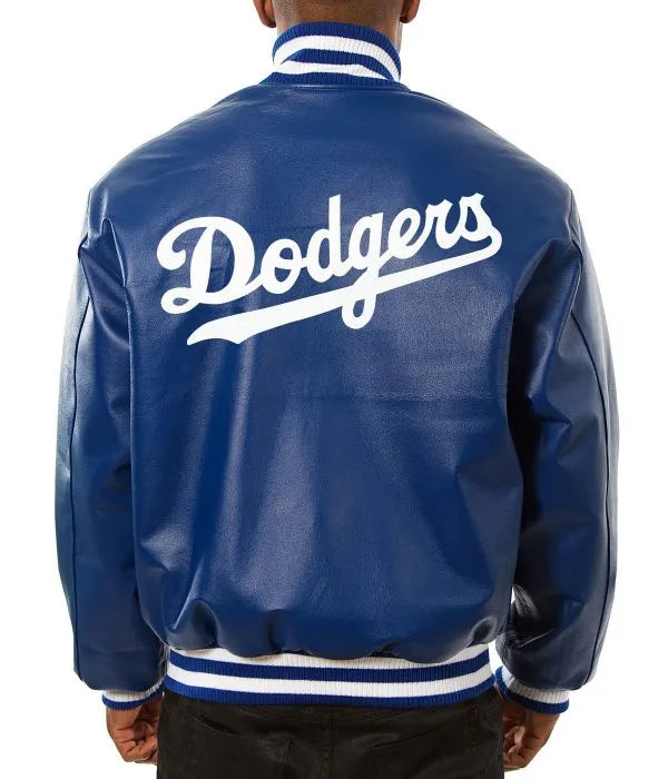 LA Dodgers leather jacket with snap-tab front buttons

