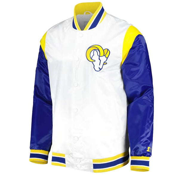 LA Rams Throwback Warm Up Pitch White Varsity Satin Jacket Front View in USA