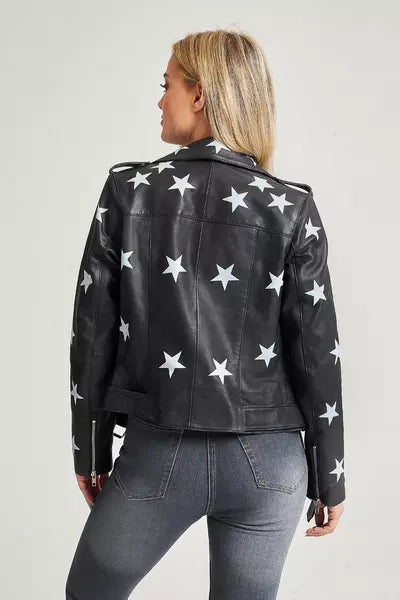 Stars Style Black Leather Moto Jacket for Women
